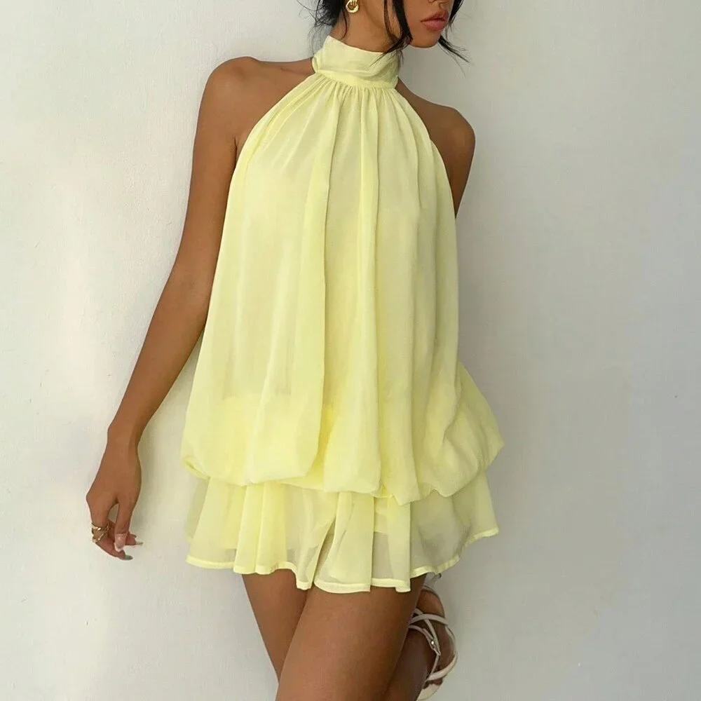 Light Yellow Elegant Women's Chiffon Mini Halter Dress - Picture 7 of 7